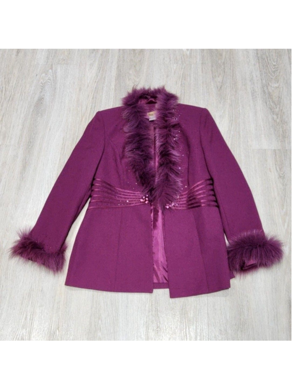 Midnight Velvet Skirt Suit Womens 6 Purple Faux Fur Trim Beaded Jacket Skirt